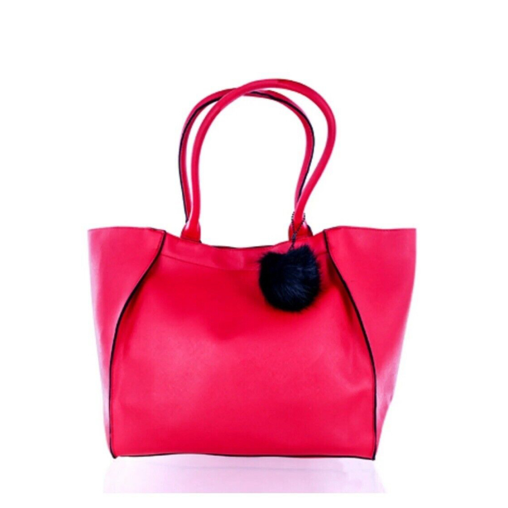 CS ELIZABETH ARDEN RED TOTE BAG - INCLUDES ACRYLIC FAUX- FUR POM POM KEYCHAIN - Picture 1 of 5